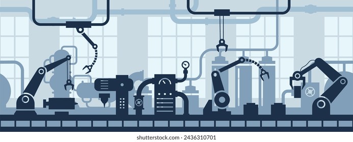 Industrial factory interior. Industry 4.0 assembly line, conveyor belt with robotic arms and machinery vector seamless background illustration. automated technology for manufacturing