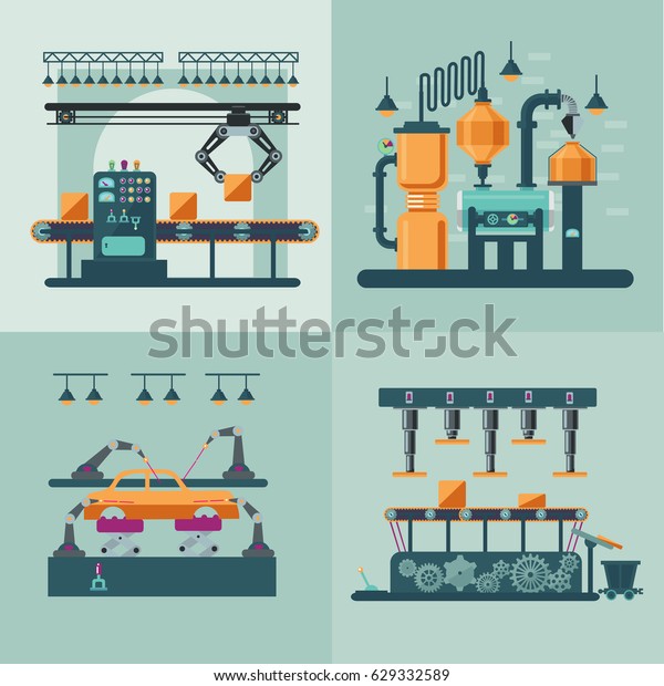 Industrial\
factory interior square concept with assembly control packaging\
lines and water system vector\
illustration