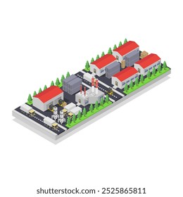 Isométrica industrial da fábrica ilustrada no fundo