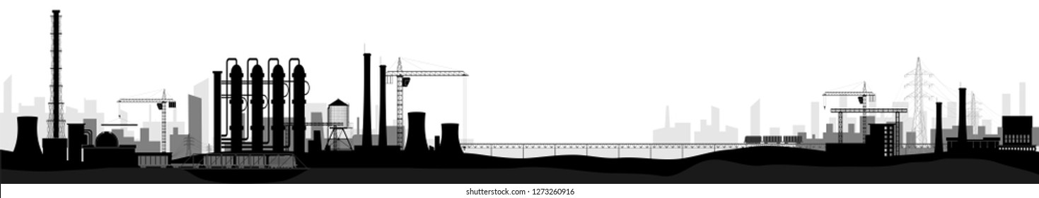 Industrial or factory landscape. Horizontal wide view. Black and white image