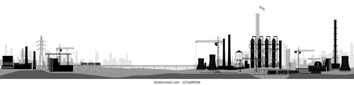 Industrial or factory landscape. Horizontal wide view. Black and white image
