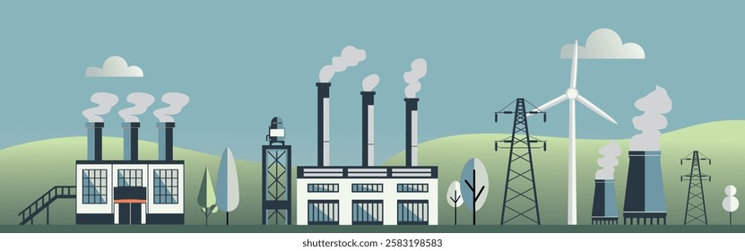 Industrial factory landscape with smokestacks emitting pollution, power lines, and renewable energy sources like wind turbines, contrast between traditional industries and clean energy solutions.