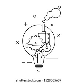 Industrial factory in a light bulb illustration. Outline thin line icon. Concept of creativity, new ideas and innovation. Isolated on white background. 