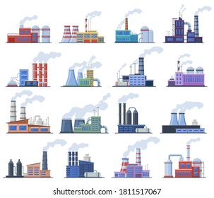 Industrial factory. Manufacturing building, chimney pipe factory, warehouse, power station, factory architecture exterior vector illustration set. Power electricity isolated plants on white
