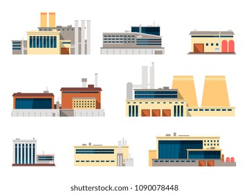 Industrial Factory And Manufacturing Plant Exterior Flat Vector Icons For Industry Concept. Illustration Exterior Industry Plant, Building Industrial