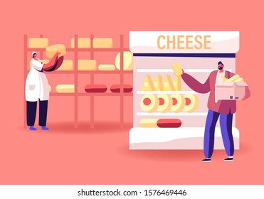 Industrial Factory Milky Food Manufacture and Selling. Woman Worker Put Cheese Heads on Racks, Man Customer Choose and Take Dairy Production on Supermarket Shelf. Cartoon Flat Vector Illustration