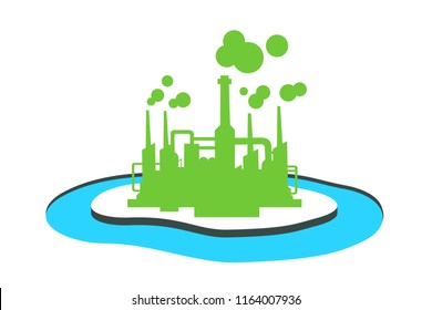 Industrial Factory With Moat As Protection Against Business Competitors And Rival. Solic Company With Competitive Advantage - Security And Safety. Vector Illustration