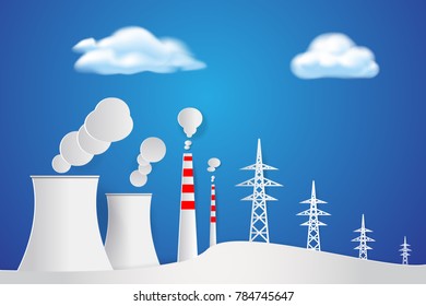 Industrial factory in nature Paper art Background. Electric power plant concept. Environment theme. Papercraft digital design concept