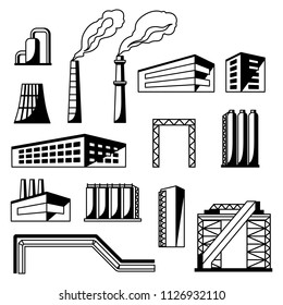 Industrial factory objects set. Manufacture building illustration in flat style.