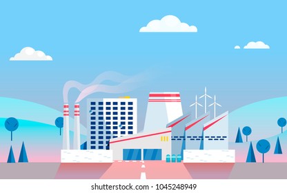 Industrial factory on background. Vector flat gradient illustration