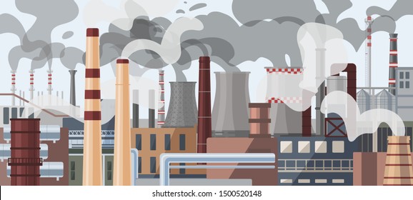 Industrial factory pipes, chimneys illustration. Power plant with smoke clouds panorama. Global warming, greenhouse effect, air pollution concept. Heavy chemicals emission, atmosphere contamination.