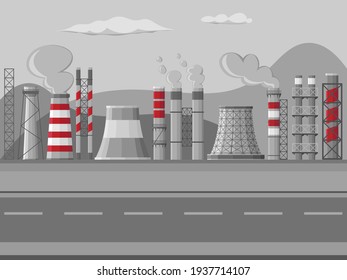 Industrial factory pipes, chimneys illustration. Set of chimneyed pipe factory with toxic air cityscape on white background