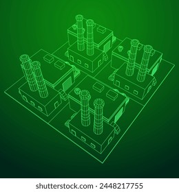 Industrial factory. Plant or Factory Building. Manufacturing building. Wireframe low poly mesh vector illustration.