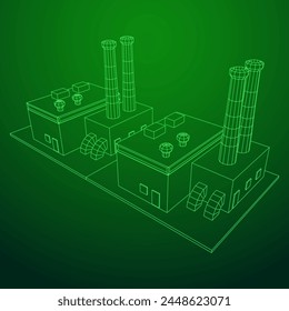 Industrial factory. Plant or Factory Building. Manufacturing building. Wireframe low poly mesh vector illustration.