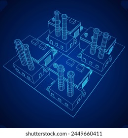 Industrial factory. Plant or Factory Building. Manufacturing building. Wireframe low poly mesh vector illustration.