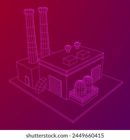 Industrial factory. Plant or Factory Building. Manufacturing building. Wireframe low poly mesh vector illustration.