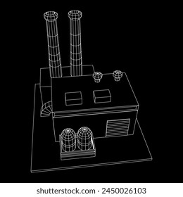 Industrial factory. Plant or Factory Building. Manufacturing building. Wireframe low poly mesh vector illustration.