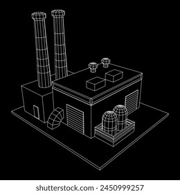 Industrial factory. Plant or Factory Building. Manufacturing building. Wireframe low poly mesh vector illustration.