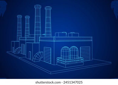 Industrial factory. Plant or Factory Building. Manufacturing building. Wireframe low poly mesh vector illustration.