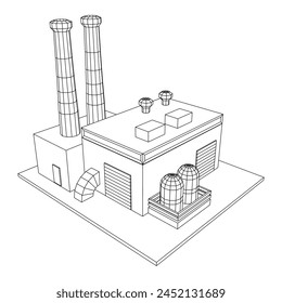 Industrial factory. Plant or Factory Building. Manufacturing building. Wireframe low poly mesh vector illustration.