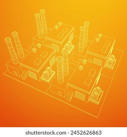 Industrial factory. Plant or Factory Building. Manufacturing building. Wireframe low poly mesh vector illustration.