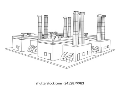 Industrial factory. Plant or Factory Building. Manufacturing building. Wireframe low poly mesh vector illustration.