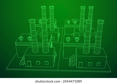 Industrial factory. Plant or Factory Building. Manufacturing building. Wireframe low poly mesh vector illustration.
