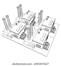 Industrial factory. Plant or Factory Building. Manufacturing building. Wireframe low poly mesh vector illustration.