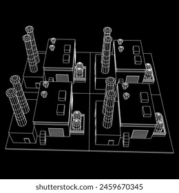 Industrial factory. Plant or Factory Building. Manufacturing building. Wireframe low poly mesh vector illustration.