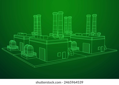 Industrial factory. Plant or Factory Building. Manufacturing building. Wireframe low poly mesh vector illustration.