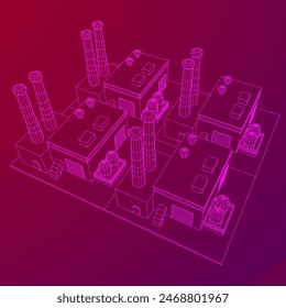 Industrial factory. Plant or Factory Building. Manufacturing building. Wireframe low poly mesh vector illustration.