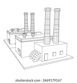 Industrial factory. Plant or Factory Building. Manufacturing building. Wireframe low poly mesh vector illustration.