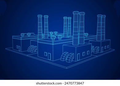 Industrial factory. Plant or Factory Building. Manufacturing building. Wireframe low poly mesh vector illustration.