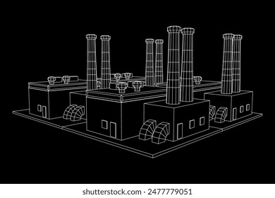 Industrial factory. Plant or Factory Building. Manufacturing building. Wireframe low poly mesh vector illustration.