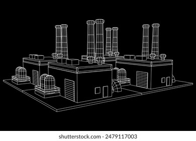 Industrial factory. Plant or Factory Building. Manufacturing building. Wireframe low poly mesh vector illustration.