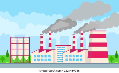 Industrial factory plant flat style design vector illustration. Factory building with smoking pipes, cloudy sky and city behind. Cityspape with tecknology buildings, road and trees next to.