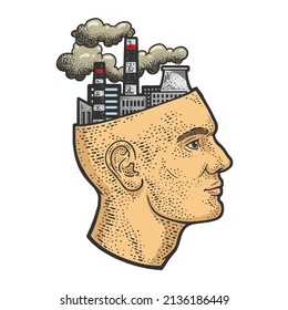 Industrial factory plant in head abstract line art color sketch engraving vector illustration. T-shirt apparel print design. Scratch board imitation. Black and white hand drawn image.