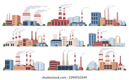 Industrial factory, production of goods, machinery, heavy metallurgy. Industrial buildings with pipes. Vector illustration