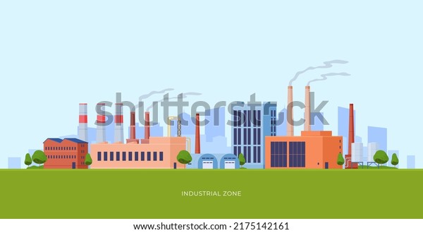 Industrial factory, production of goods,\
machinery, heavy metallurgy. Industrial buildings with pipes.\
Vector illustration