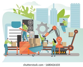 Industrial factory production process concept, people cartoon character in flat style, vector illustration. Men and women engineer working on conveyor belt assembly line. System automation development