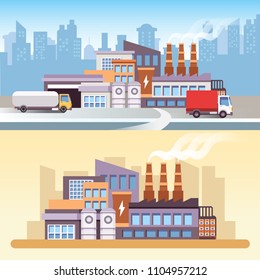 Industrial Factory Scene In 2D Flat Style. Plant Or Factory Building. Road, Car, Tree, Window, Facade. Manufacturing Factory Building. Smart Factory. Industry 4.0.
