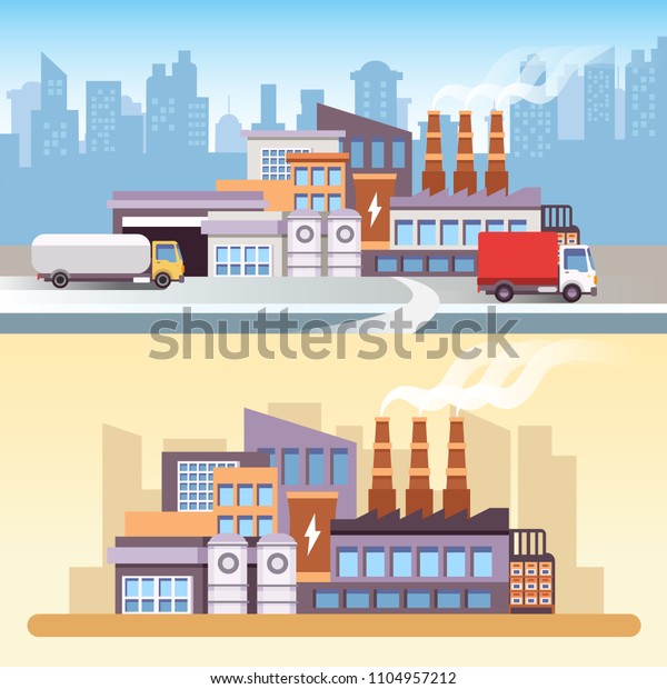 Industrial factory scene in 2D\
flat style. Plant or Factory Building. Road, car, tree, window,\
facade. Manufacturing factory building. Smart Factory. Industry\
4.0.\
