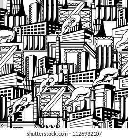 Industrial factory seamless pattern. Manufacture building illustration in flat style.