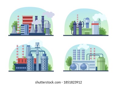 Industrial factory set. Industrial buildings with pipes, power station, manufacturing, thermal nuclear power plants. Industrial building plants with pipe smoke pollution the environment vector cartoon