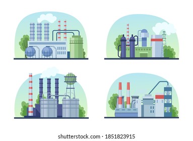 Industrial factory set. Industrial buildings with pipes, power station, manufacturing, thermal nuclear power plants. Industrial building plants with pipe smoke pollution the environment vector cartoon