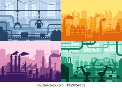 Industrial factory silhouette. Manufacture industry interior, manufacturing process and factories machines. Machine factory industries, refineries or gas pollution vector background set