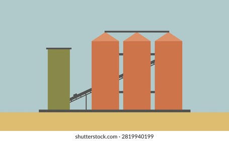 Industrial factory site featuring three orange storage silos and one green tower connected by conveyor belts.