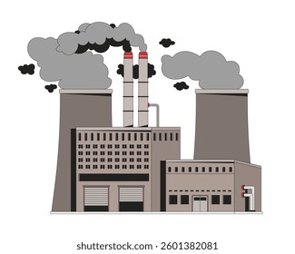 Industrial factory with smoke pollution 2D vector illustration. CO2 environment. Manufacturing plant with smokestacks carbon emissions flat scene isolated on white background. Colorful cartoon image