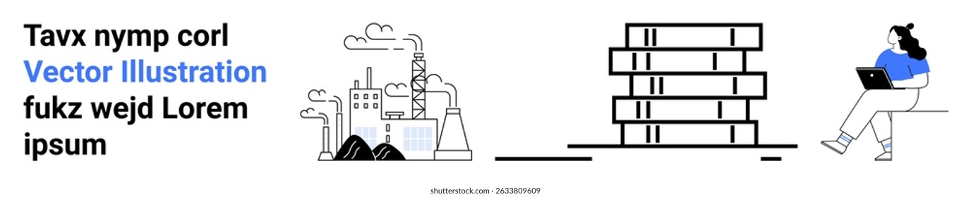 Industrial factory with smoke stacks, bookshelf with books, woman seated using a laptop. Ideal for education, technology, industry, productivity, environment, modern design. Landing page