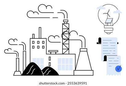 Industrial factory with smoke stacks and two coal piles. To the right is a light bulb with a solar panel and wind turbine inside, along with a document featuring a blue checkmark. Ideal for